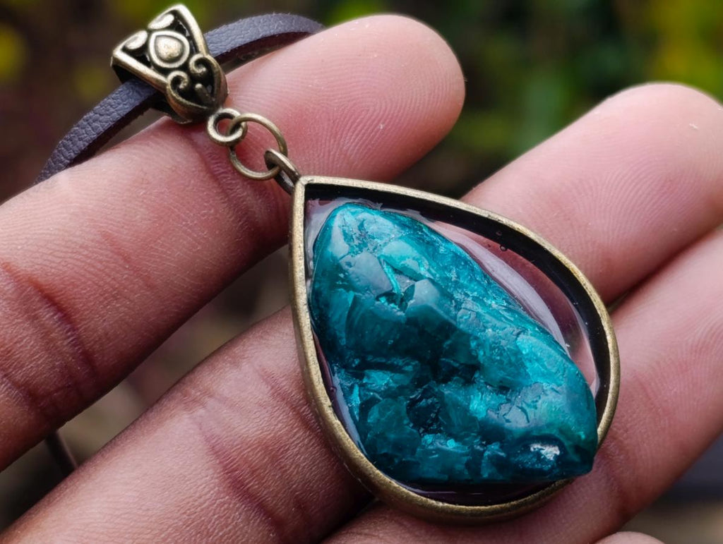Hand Made Dioptase Teardrop Pendant with Leather Necklace - Sold Per Piece - From Congo