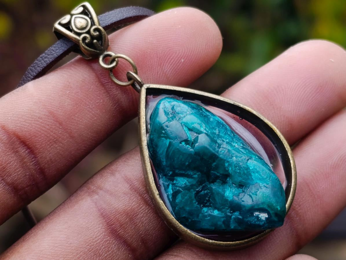 Hand Made Dioptase Teardrop Pendant with Leather Necklace - Sold Per Piece - From Congo