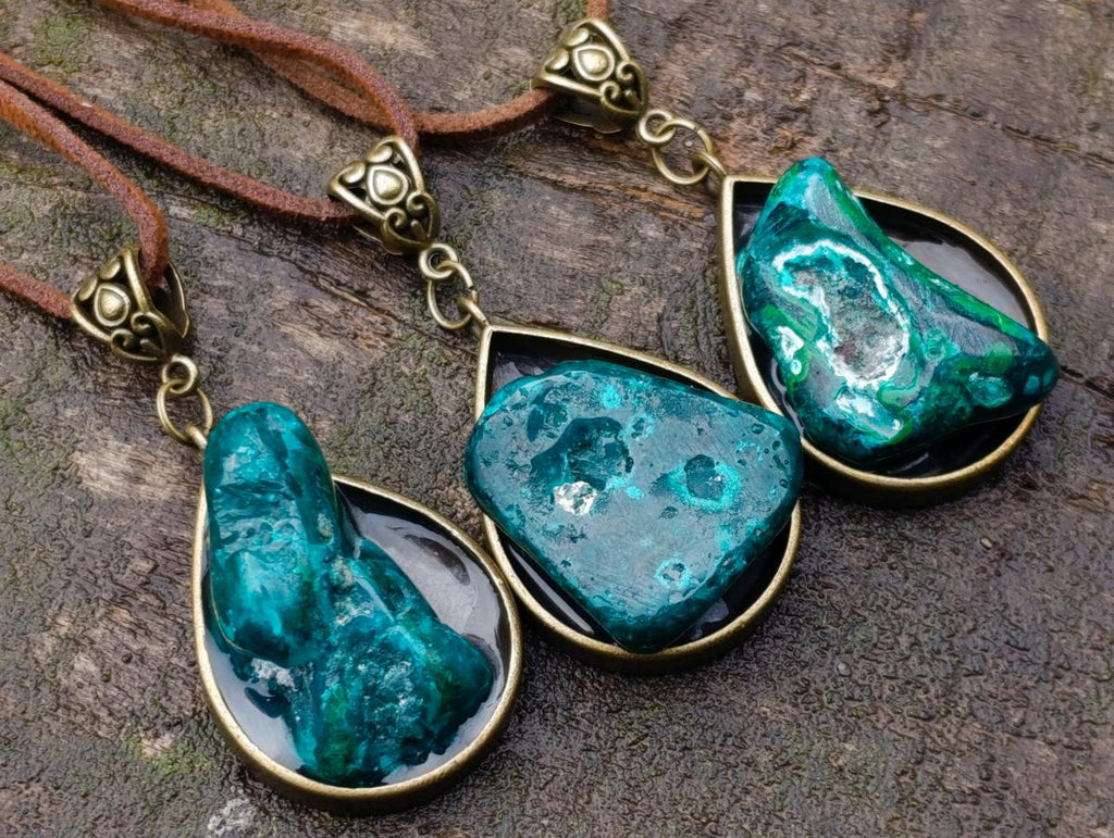 Hand Made Dioptase Teardrop Pendant with Leather Necklace - Sold Per Piece - From Congo