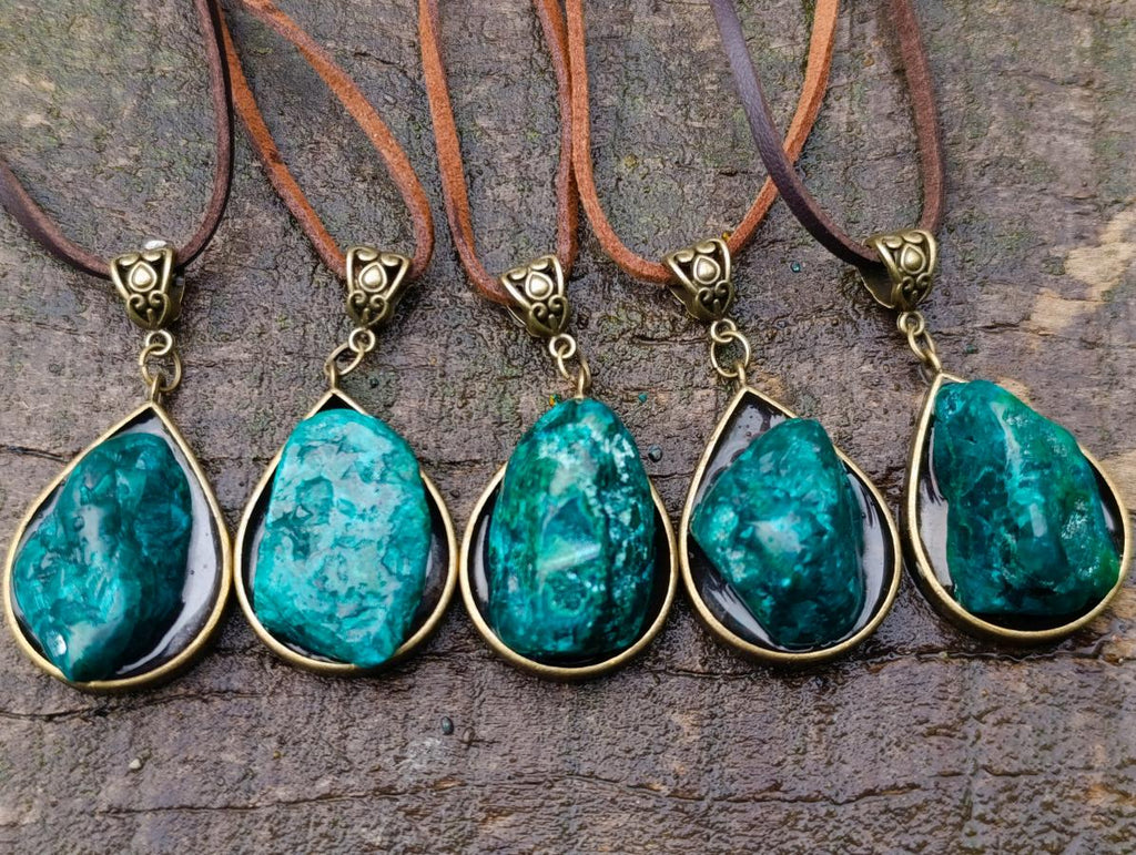 Hand Made Dioptase Teardrop Pendant with Leather Necklace - Sold Per Piece - From Congo
