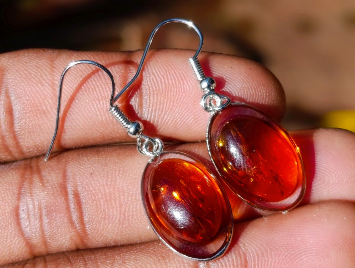 Polished Pair of Fossilised Baltic Amber Cabochon Earrings - Sold Per Pair - From Poland