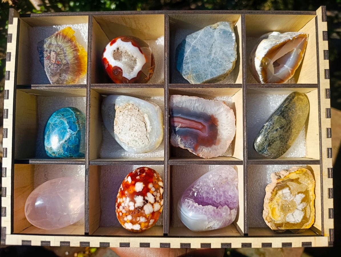Polished and Natural Mix of African Specimens Set of 12 in a Wooden Display Box x 1 From Southern Africa