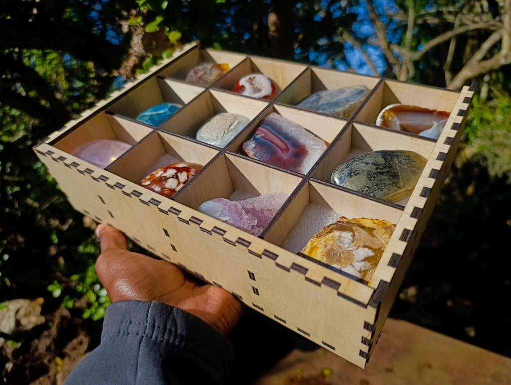 Polished and Natural Mix of African Specimens Set of 12 in a Wooden Display Box x 1 From Southern Africa