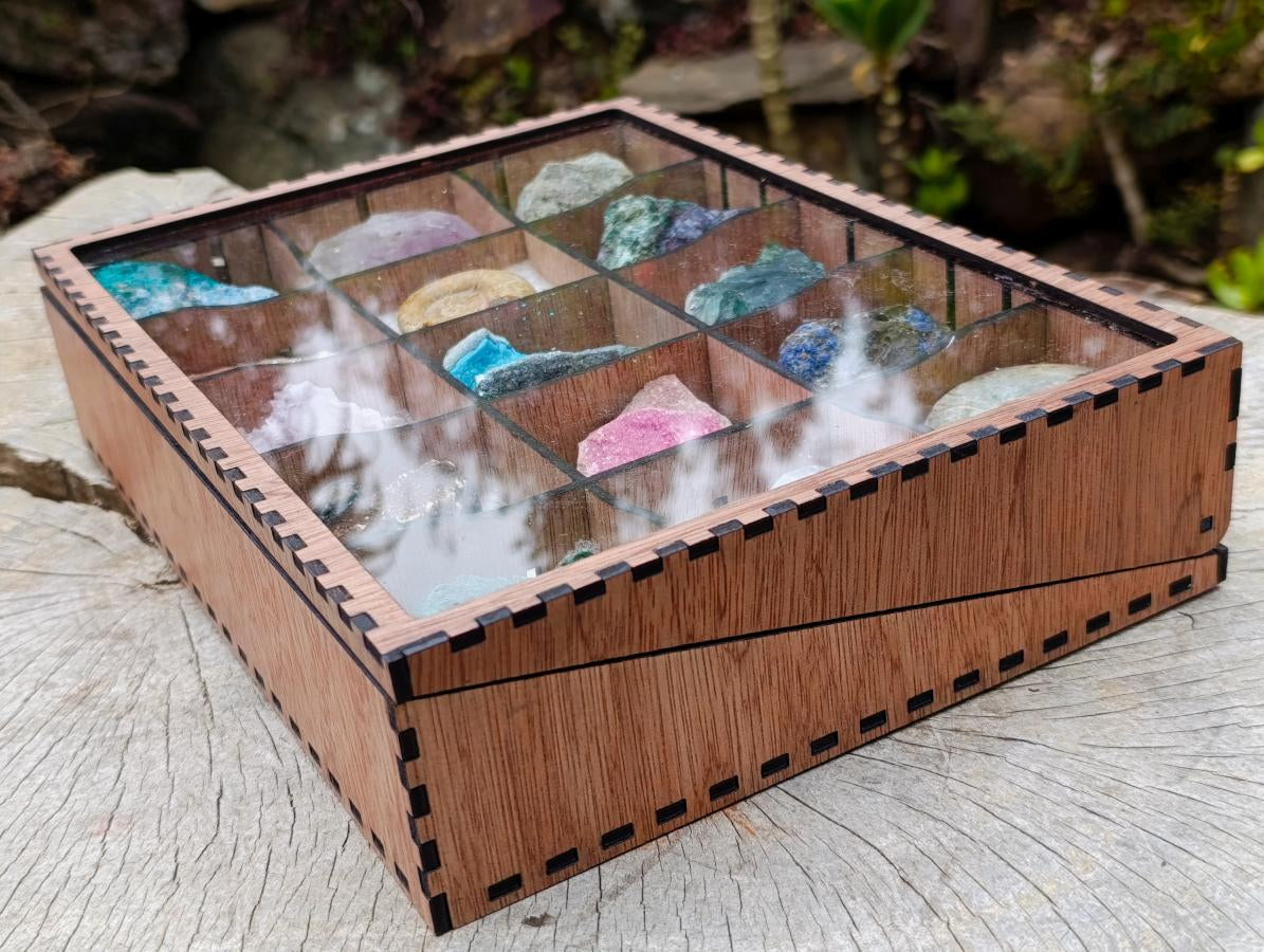 Polished and Natural Mixed Set of 15 African Specimens in a Wooden Display Box x 1 From Southern Africa