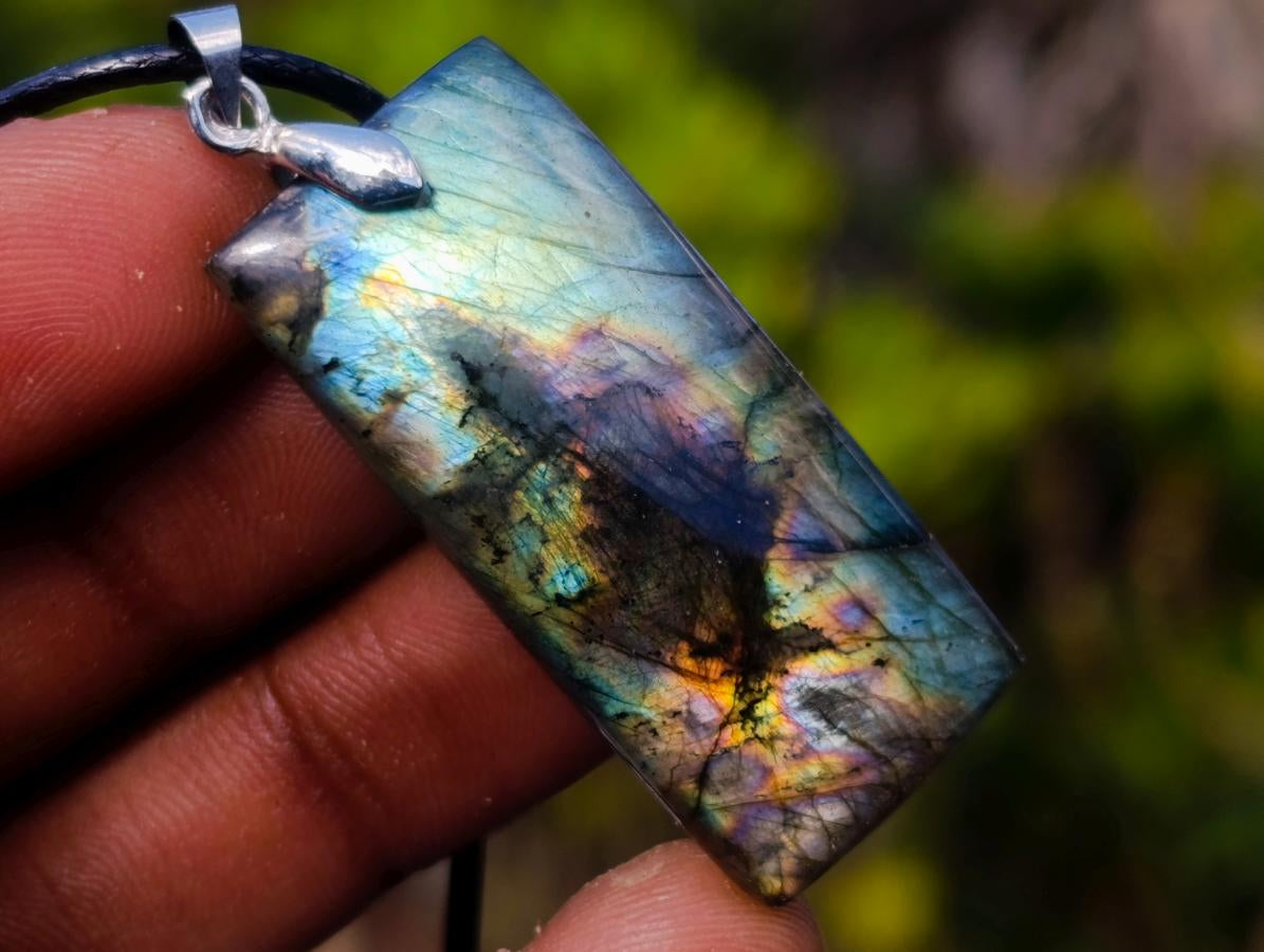 Hand Made Tabular Labradorite Pendant with Black Cord Necklace - Sold Per Piece - From Tulear, Madagascar