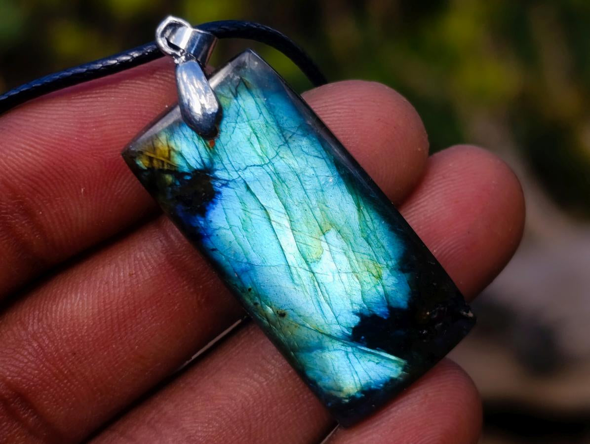 Hand Made Tabular Labradorite Pendant with Black Cord Necklace - Sold Per Piece - From Tulear, Madagascar
