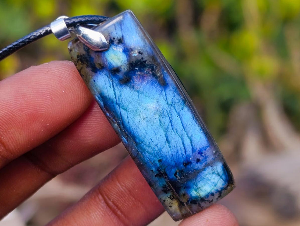 Hand Made Tabular Labradorite Pendant with Black Cord Necklace - Sold Per Piece - From Tulear, Madagascar