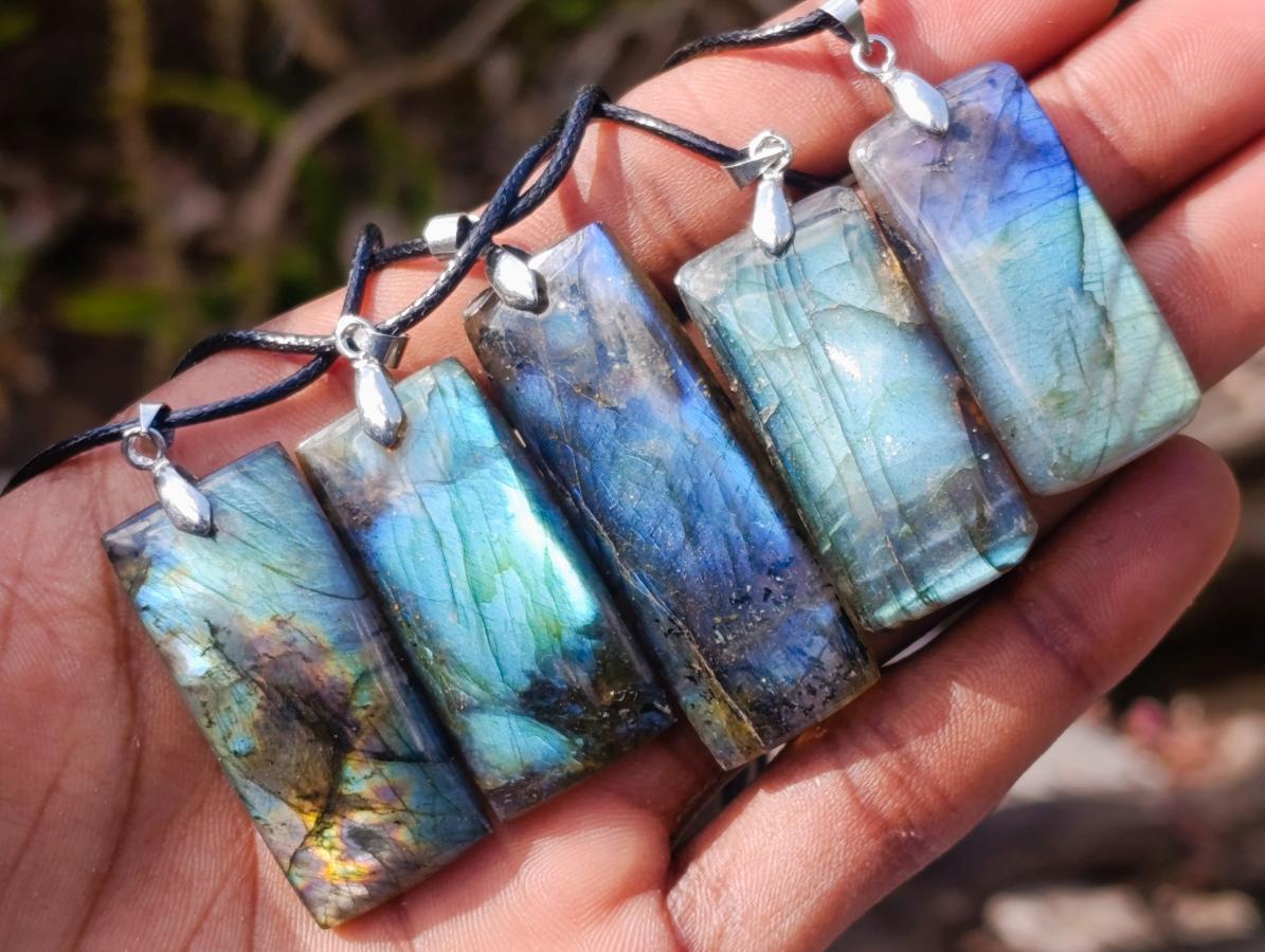 Hand Made Tabular Labradorite Pendant with Black Cord Necklace - Sold Per Piece - From Tulear, Madagascar