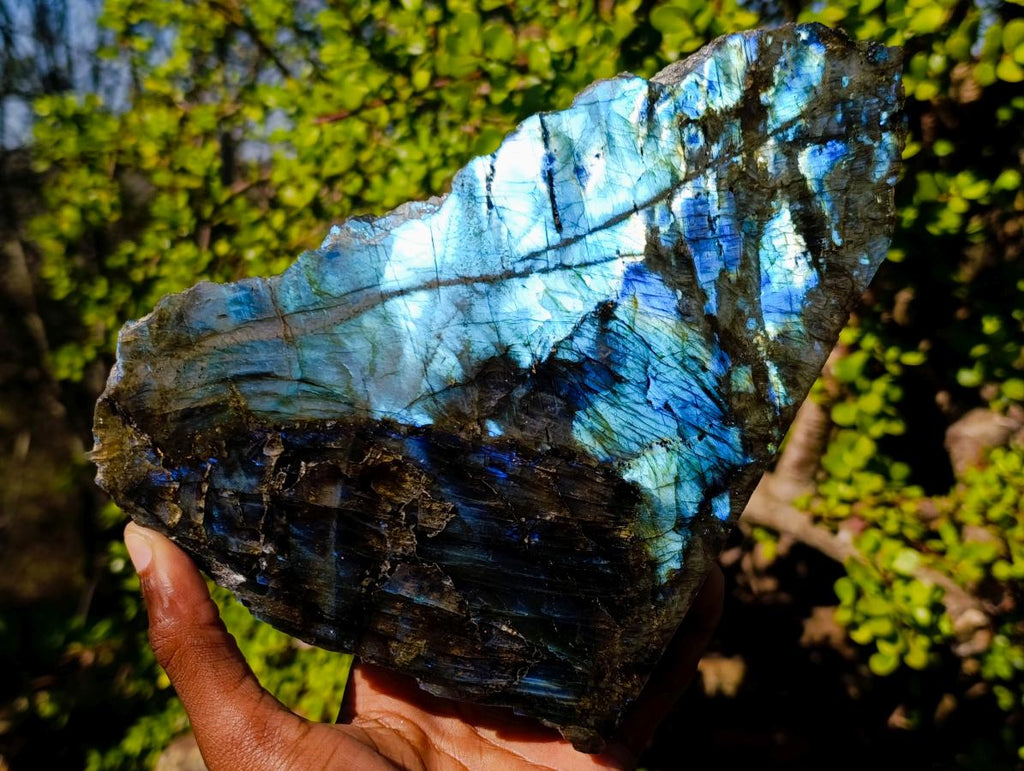 Polished One Side Bright Blue Labradorite Standing Display Piece x 1 From Tulear, Madagascar