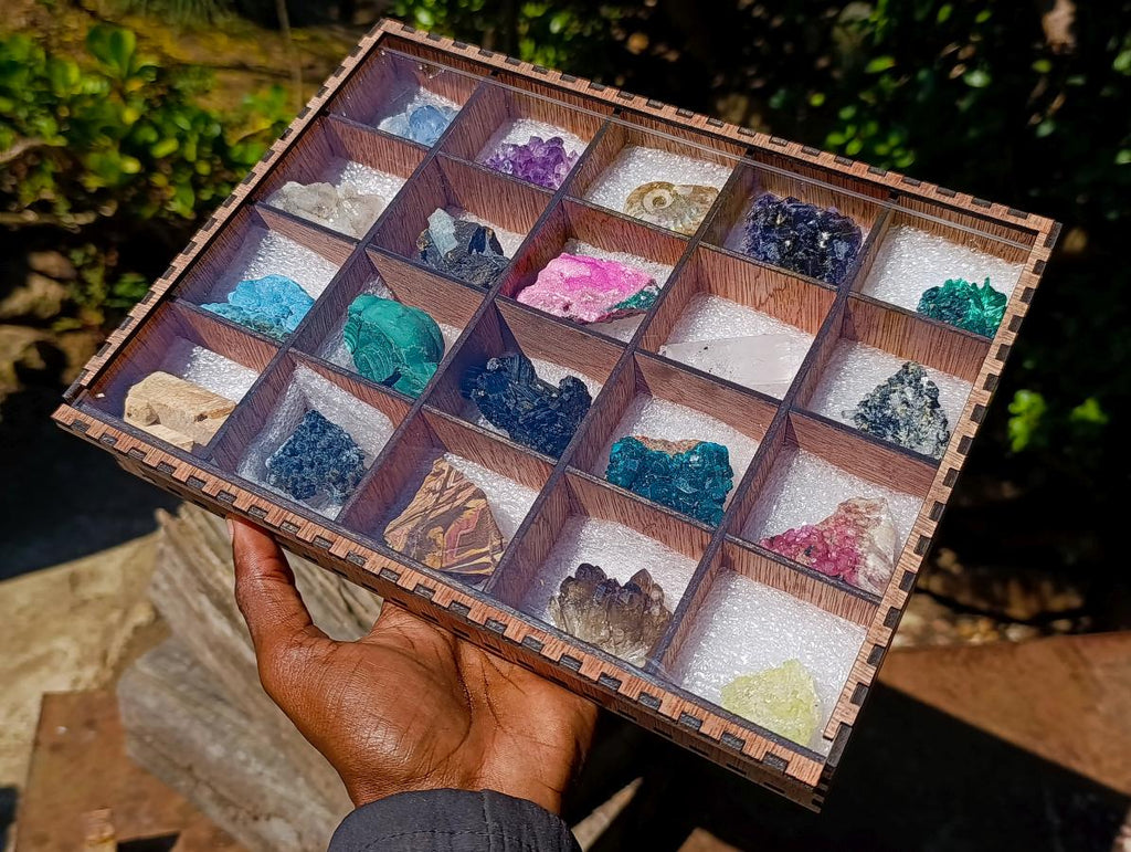 Natural Mix Set of 20 African Specimens in a Wooden Display Box x 1 From Southern Africa