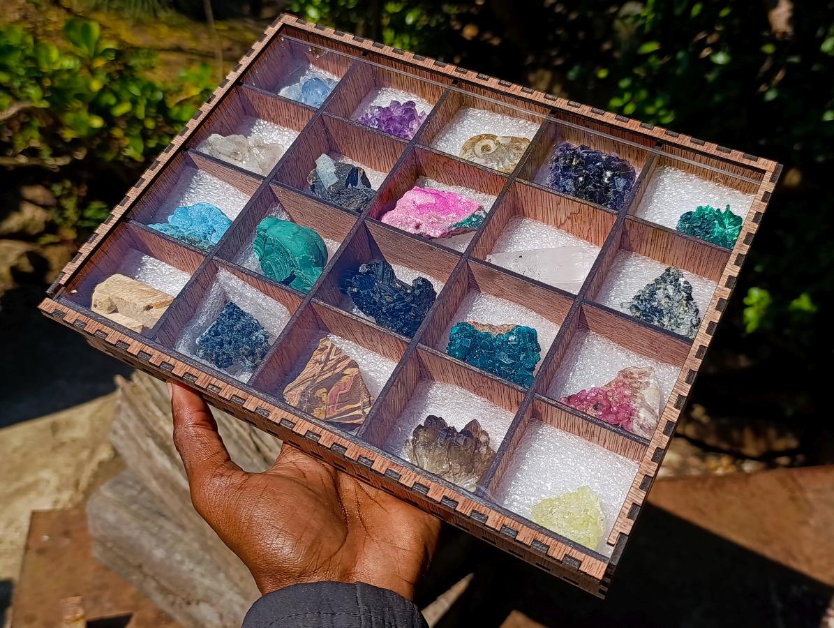 Natural Mix Set of 20 African Specimens in a Wooden Display Box x 1 From Southern Africa
