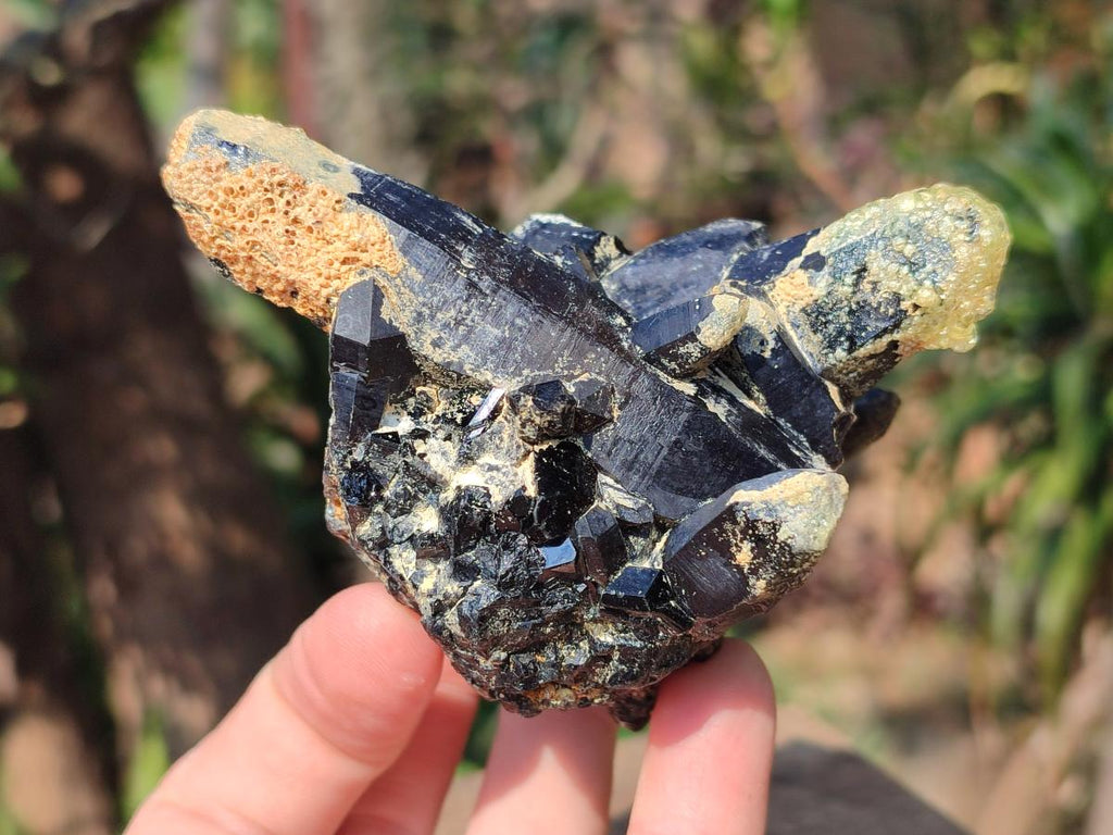 Natural Morion Smokey Quartz Cluster with Hyalite Opal and Black Tourmaline x 1 From Erongo, Namibia