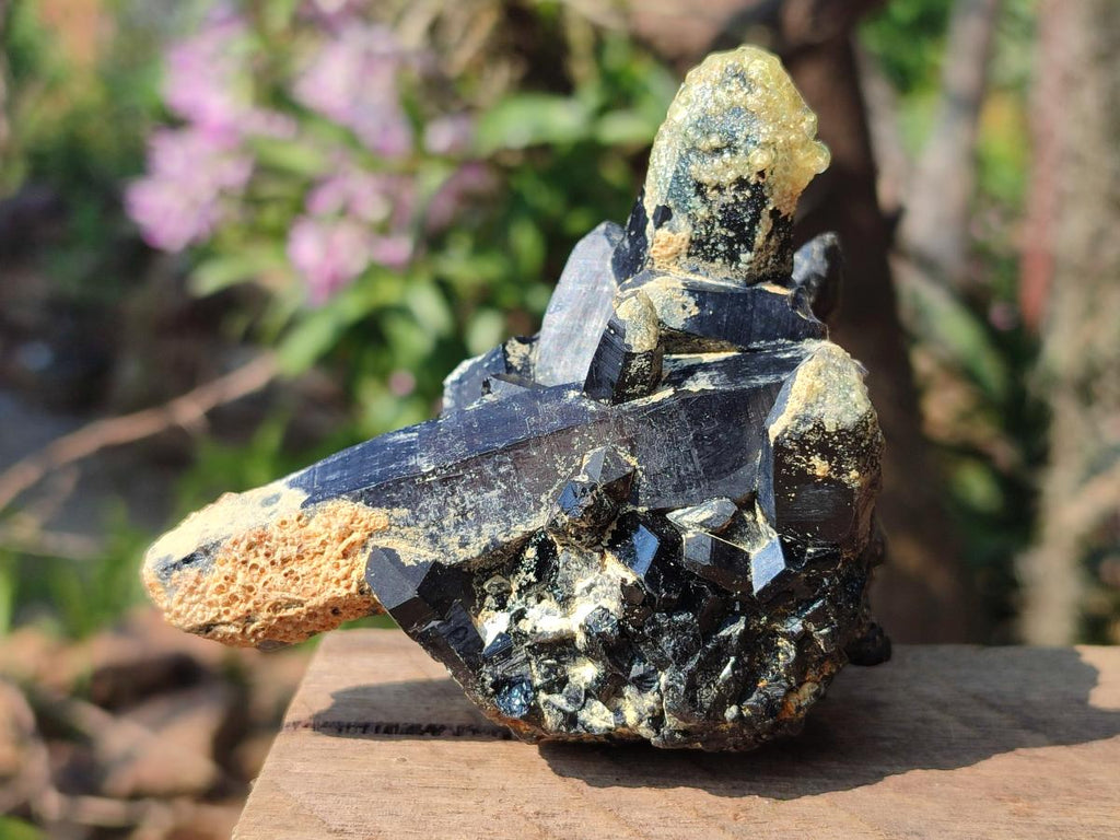 Natural Morion Smokey Quartz Cluster with Hyalite Opal and Black Tourmaline x 1 From Erongo, Namibia
