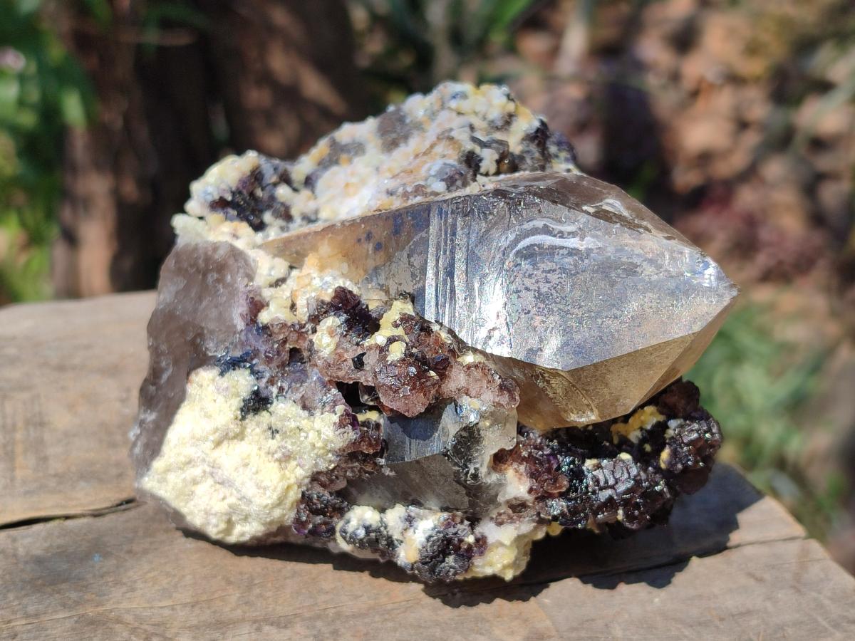 Natural Fluorescent Erongo Smokey Quartz Cluster with Fluorite, Hyalite and Muscovite Mica x 1 From Erongo, Namibia