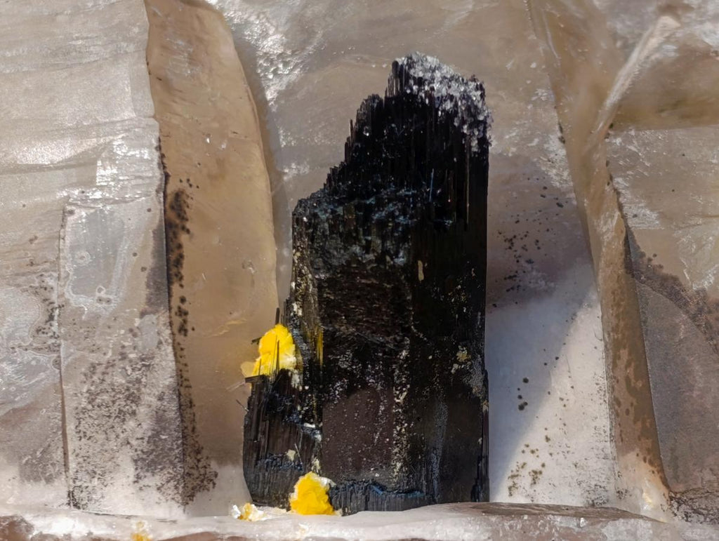Natural Triple Terminated Smokey Quartz Cluster with Foitite Black Tourmaline and Hyalite Opal x 1 From Erongo, Namibia