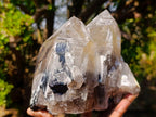 Natural Triple Terminated Smokey Quartz Cluster with Foitite Black Tourmaline and Hyalite Opal x 1 From Erongo, Namibia