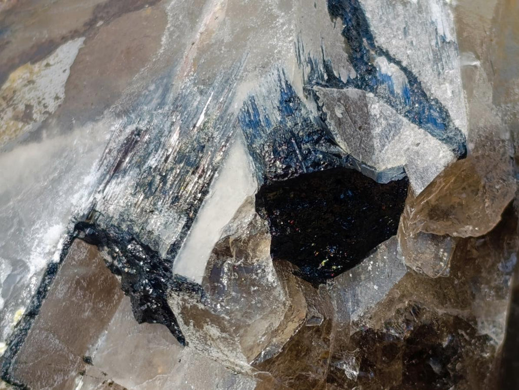 Natural Triple Terminated Smokey Quartz Cluster with Foitite Black Tourmaline and Hyalite Opal x 1 From Erongo, Namibia