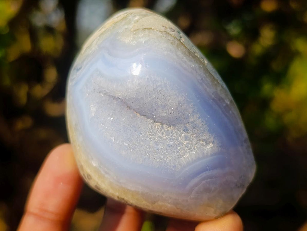 Polished and Natural Pair of Blue Lace Agate Standing Crystalline Display Pieces x 1 From Nsanje, Malawi