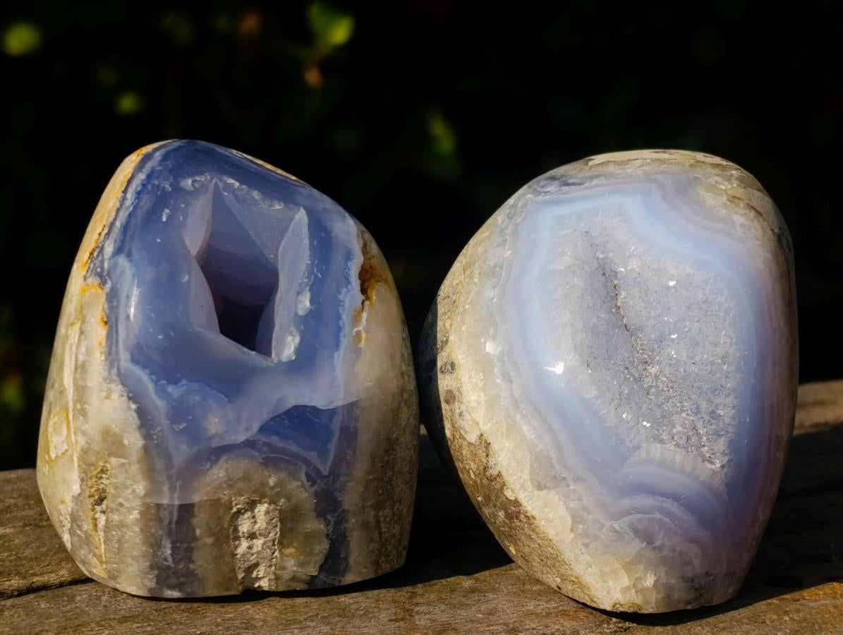 Polished and Natural Pair of Blue Lace Agate Standing Crystalline Display Pieces x 1 From Nsanje, Malawi