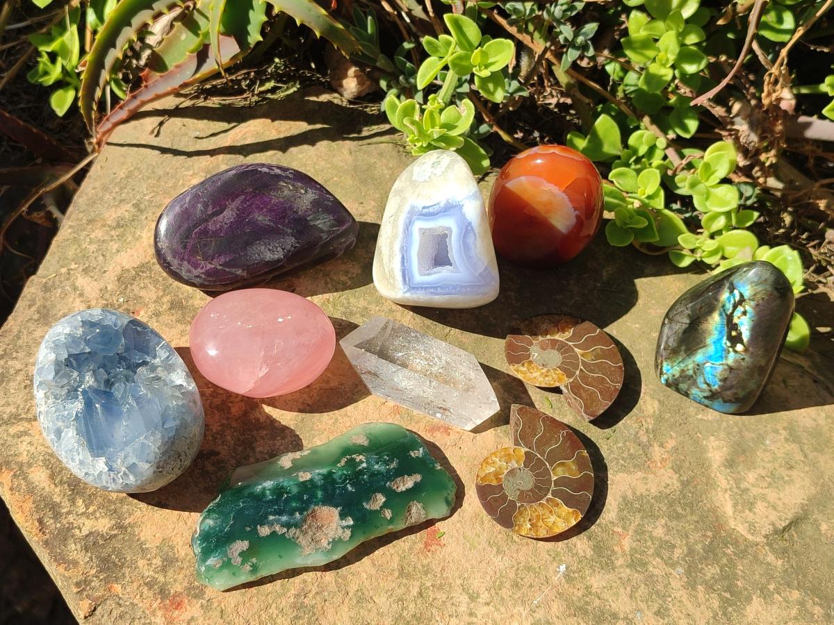 Polished and Natural Mix Set of 9 Minerals, Crystals and Fossils in a Wooden Display Box x 1 From Southern Africa