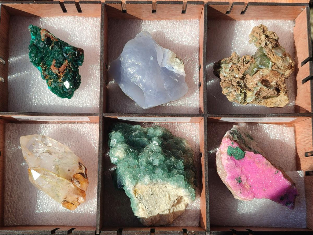 Natural Mixed Set of 6 African Mineral Specimens in a Wooden Display Box x 1 From Southern Africa