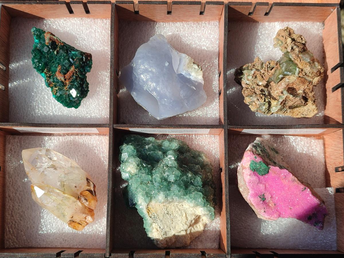 Natural Mixed Set of 6 African Mineral Specimens in a Wooden Display Box x 1 From Southern Africa