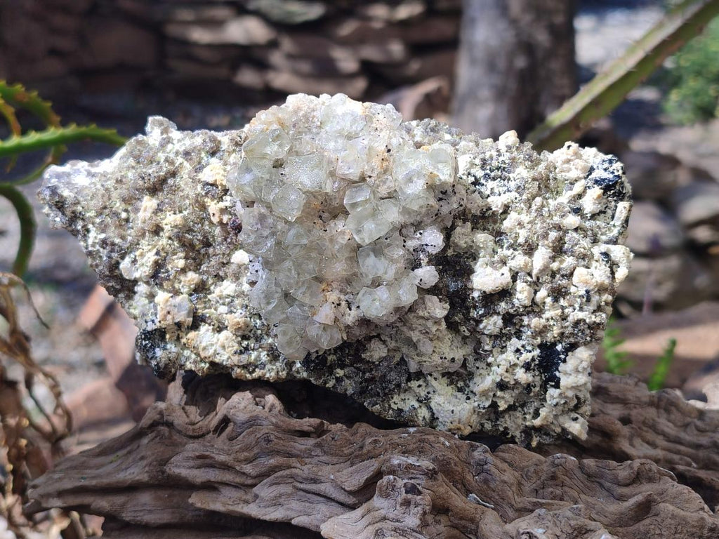 Natural Cubic Fluorite Island on a Feldspar Black Tourmaline and Hyalite Matrix x 1 From Erongo, Namibia