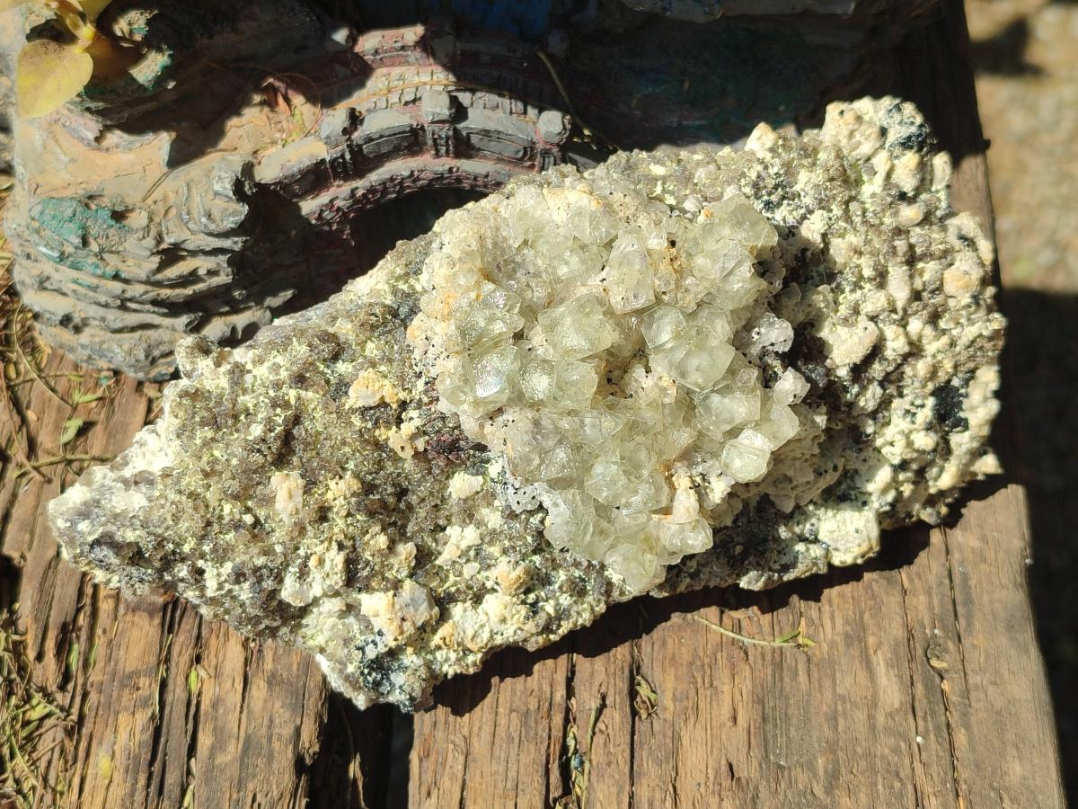 Natural Cubic Fluorite Island on a Feldspar Black Tourmaline and Hyalite Matrix x 1 From Erongo, Namibia