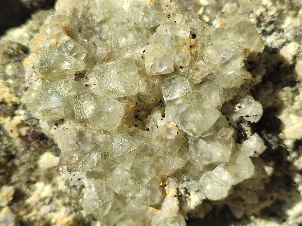 Natural Cubic Fluorite Island on a Feldspar Black Tourmaline and Hyalite Matrix x 1 From Erongo, Namibia