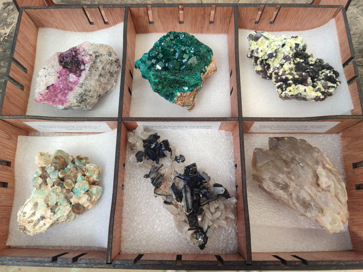 Natural Mixed Set of 6 African Mineral Specimens in a Wooden Display Box x 1 From Southern Africa