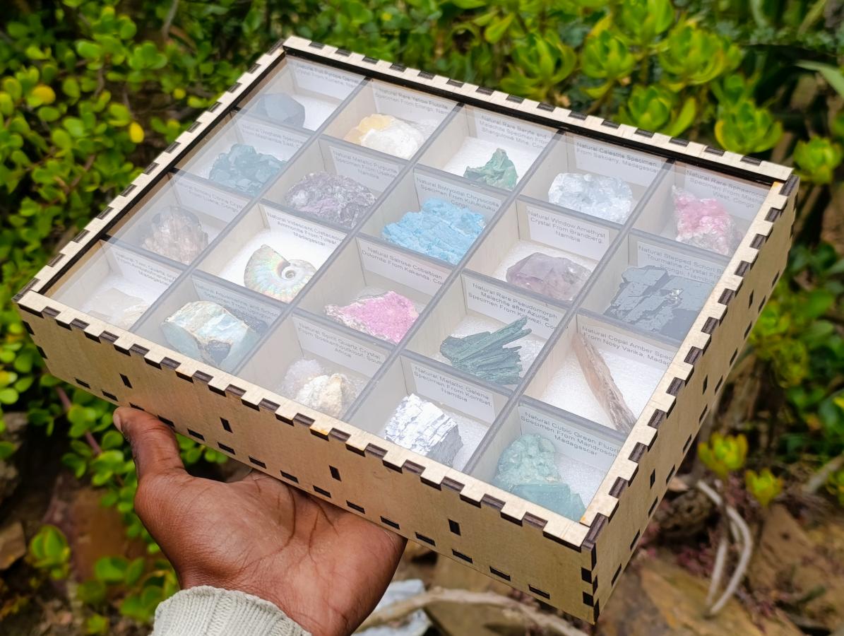 Natural Mixed Set of 20 African Mineral Specimens in a Wooden Display Box x 1 From Southern Africa