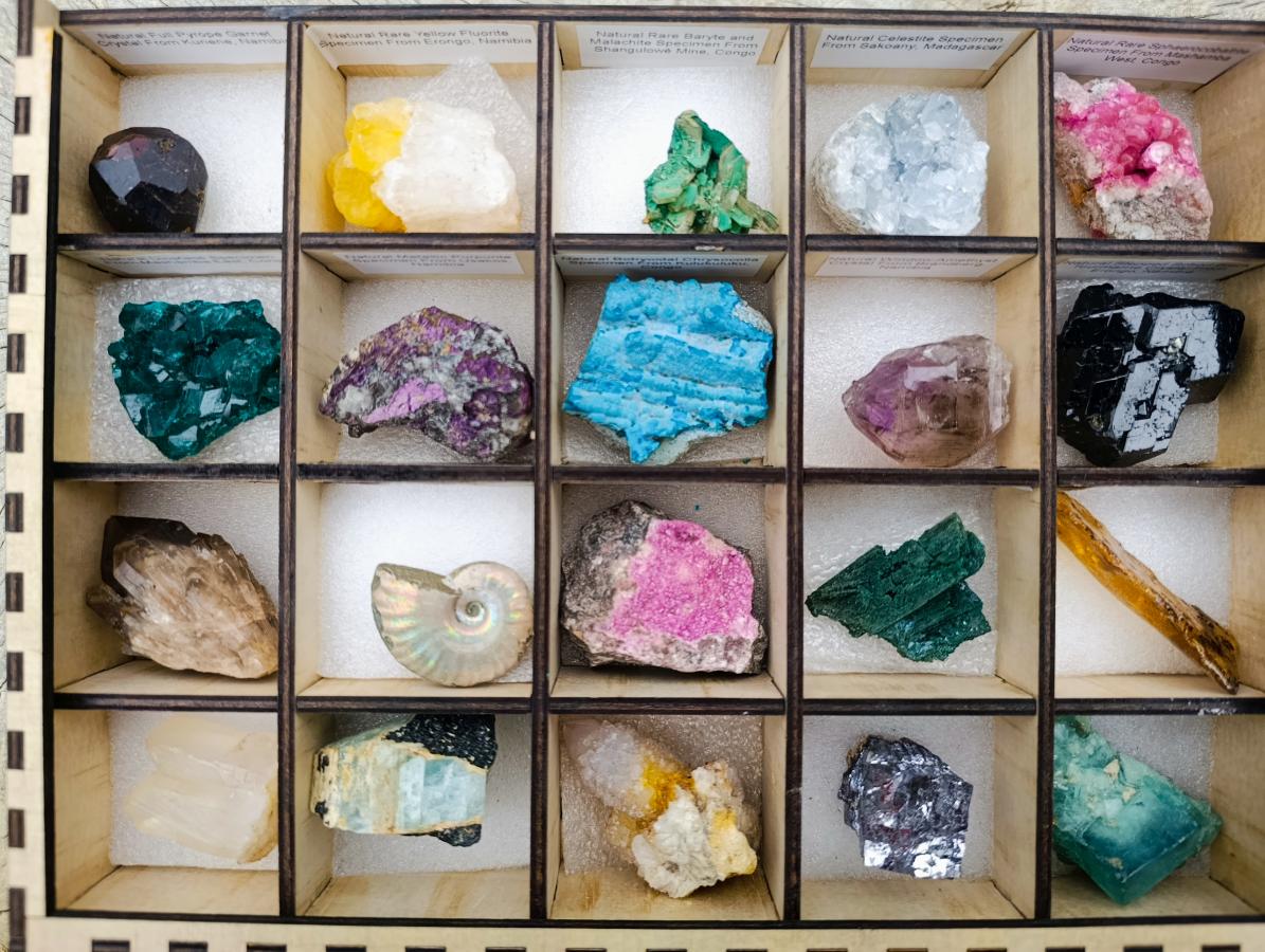 Natural Mixed Set of 20 African Mineral Specimens in a Wooden Display Box x 1 From Southern Africa