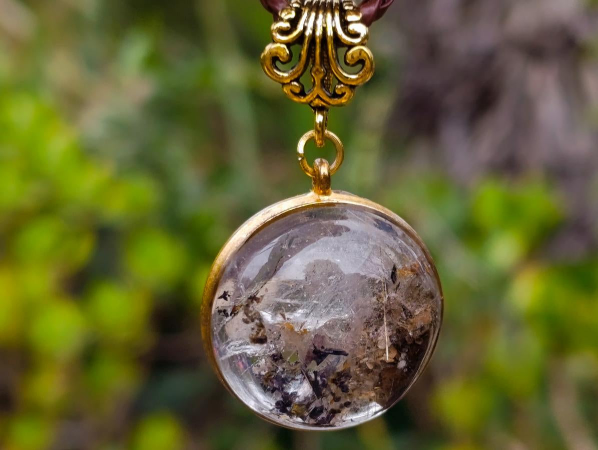 Hand Made Golden Rutile and Actinolite Cabochon Necklace by Rock Lovers Jewellery x 1 From Madagascar
