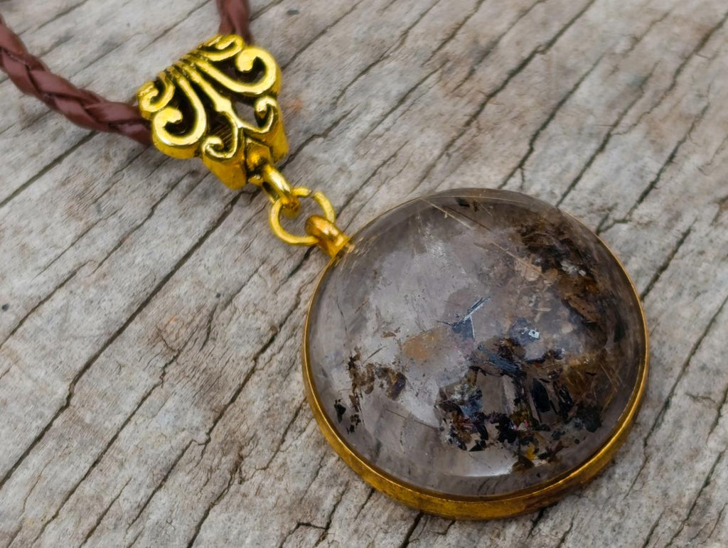 Hand Made Golden Rutile and Actinolite Cabochon Necklace by Rock Lovers Jewellery x 1 From Madagascar