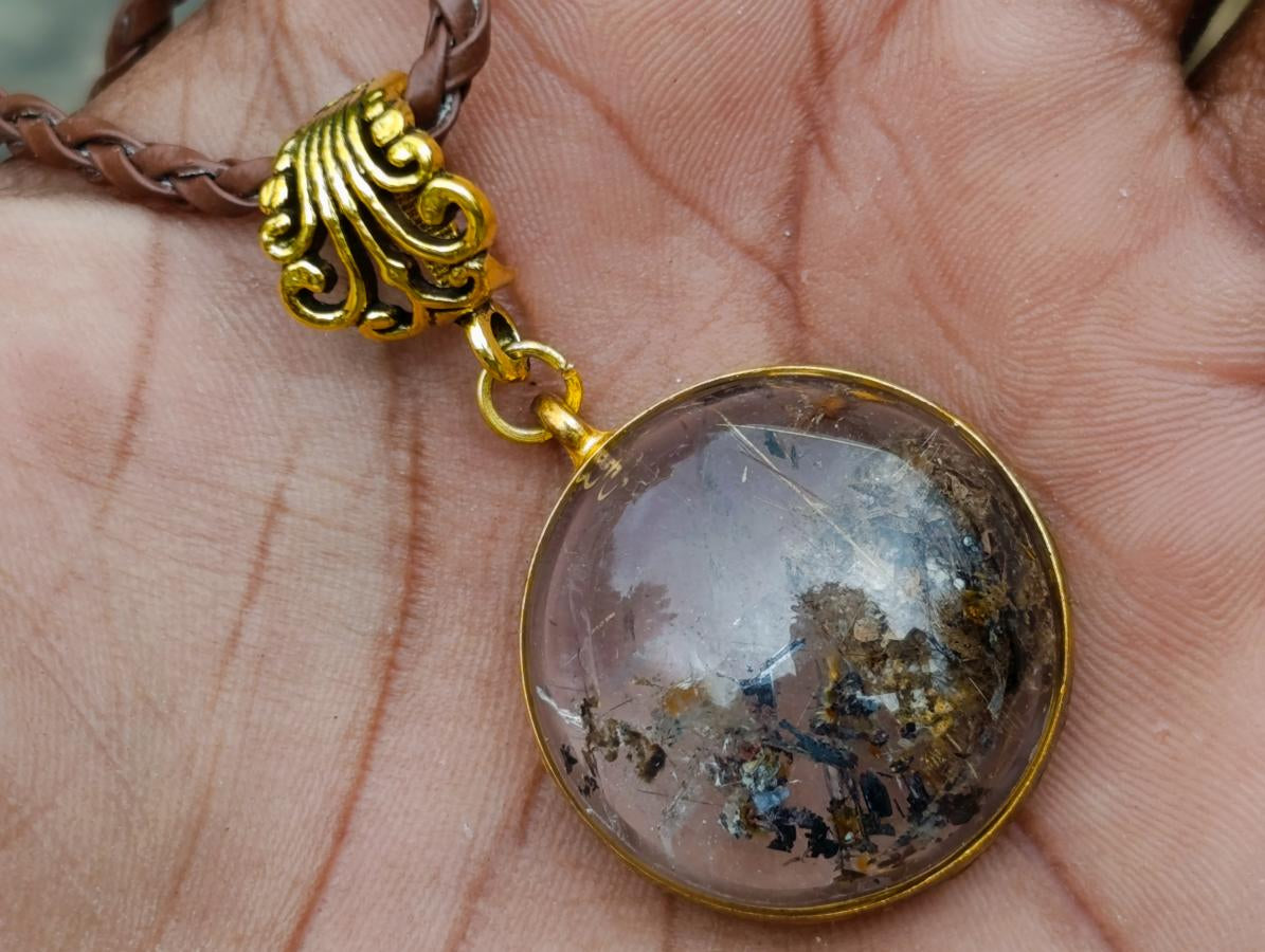 Hand Made Golden Rutile and Actinolite Cabochon Necklace by Rock Lovers Jewellery x 1 From Madagascar