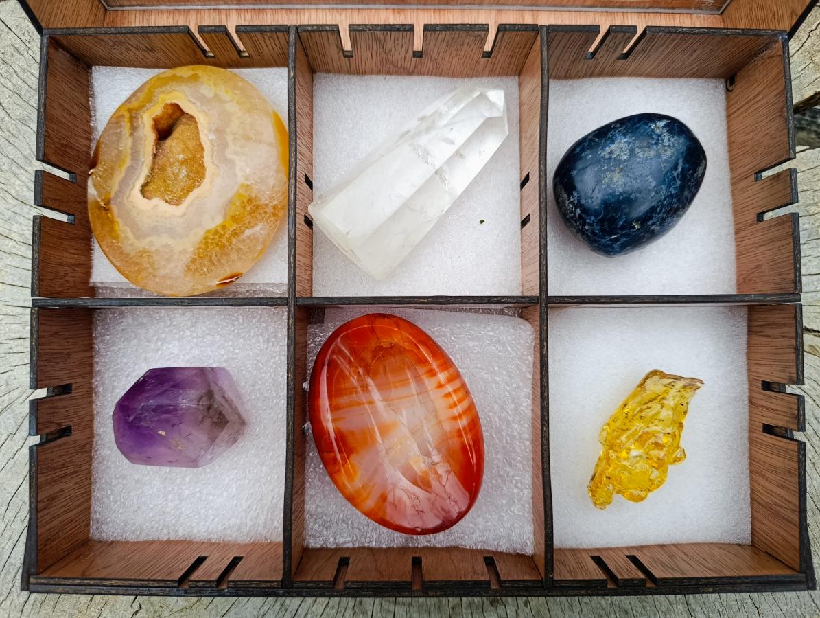 Natural Mixed Set of 6 African Gemstones and Fossil in a Wooden Display Box x 1 From Southern Africa