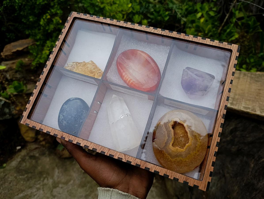 Natural Mixed Set of 6 African Gemstones and Fossil in a Wooden Display Box x 1 From Southern Africa