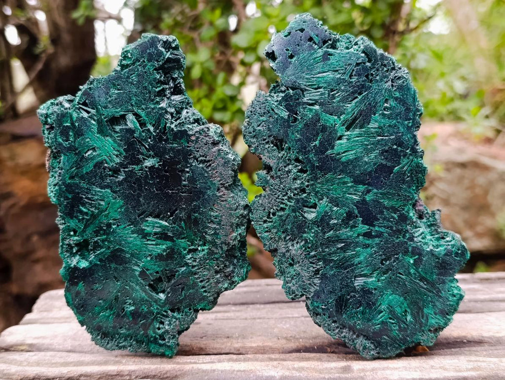 Polished and Natural Unique Pair of Crystalline Silky Malachite Halves x 1 From Kasompe, Congo