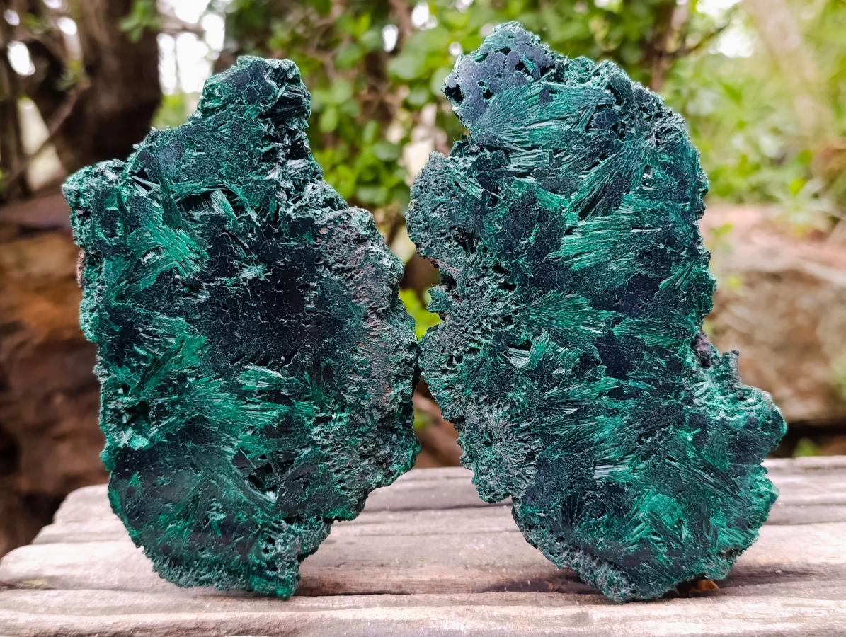 Polished and Natural Unique Pair of Crystalline Silky Malachite Halves x 1 From Kasompe, Congo