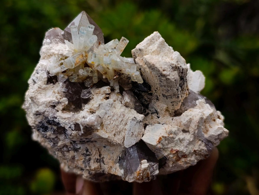 Natural Goshenite Aquamarine Cluster on a Smokey Quartz and Feldspar Matrix x 1 From Erongo, Namibia