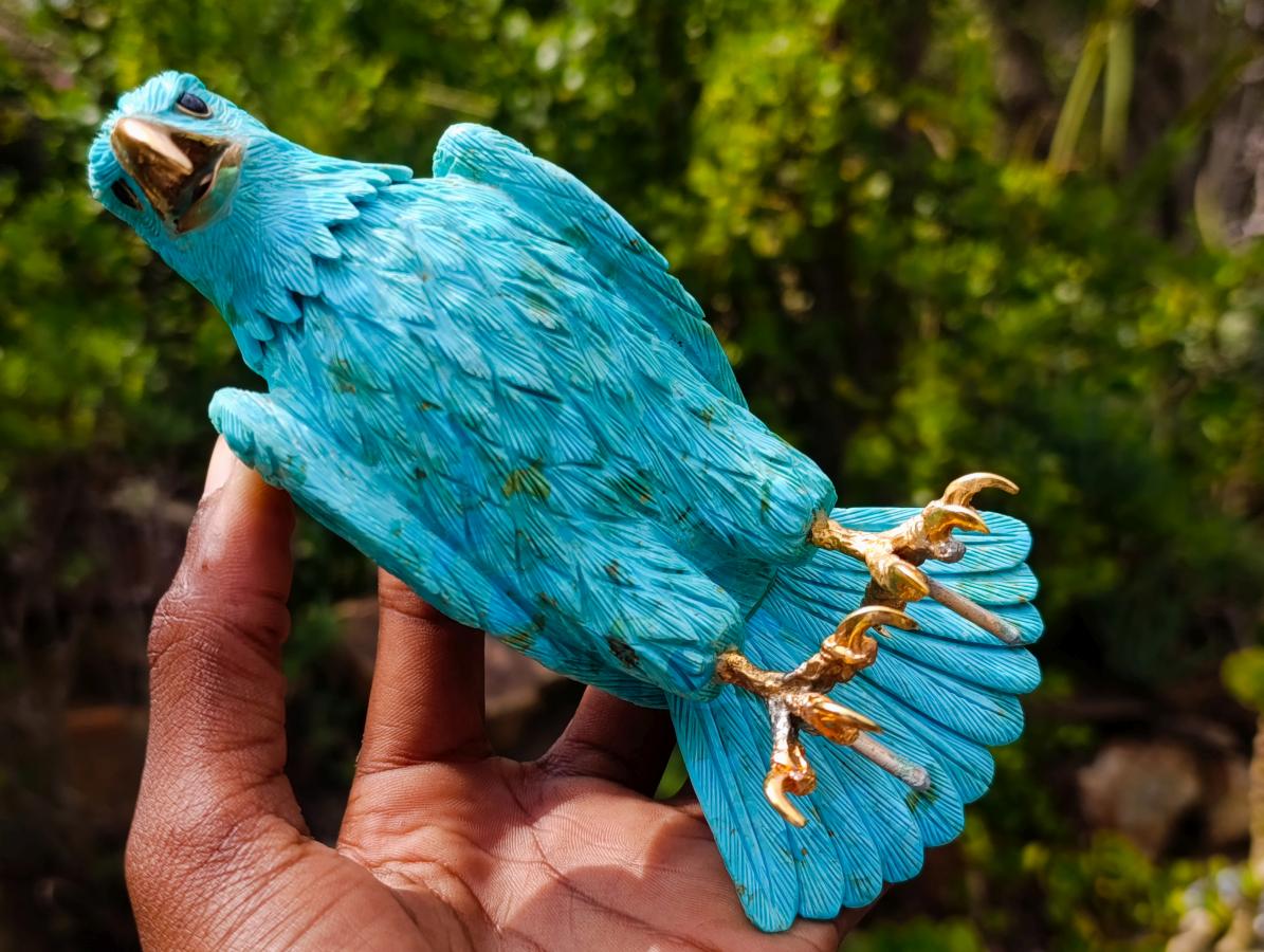 Hand Made Stunning Chrysocolla and 9ct Gold Eagle Sculpture on a Basalt Base x 1 From USA
