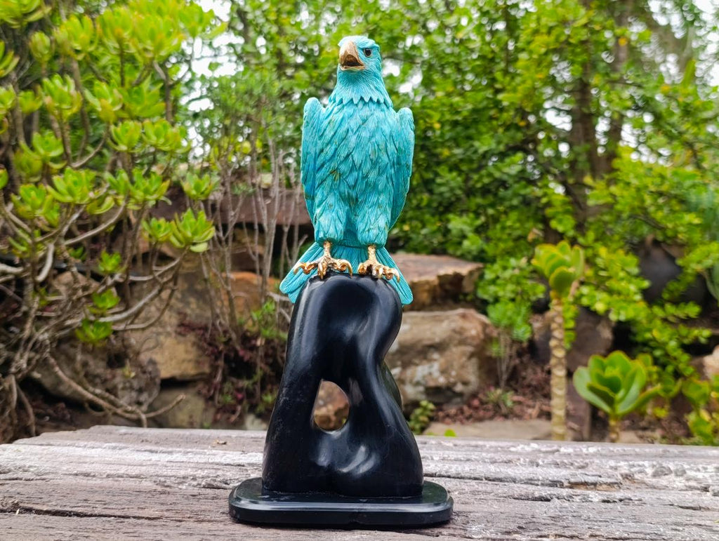 Hand Made Stunning Chrysocolla and 9ct Gold Eagle Sculpture on a Basalt Base x 1 From USA
