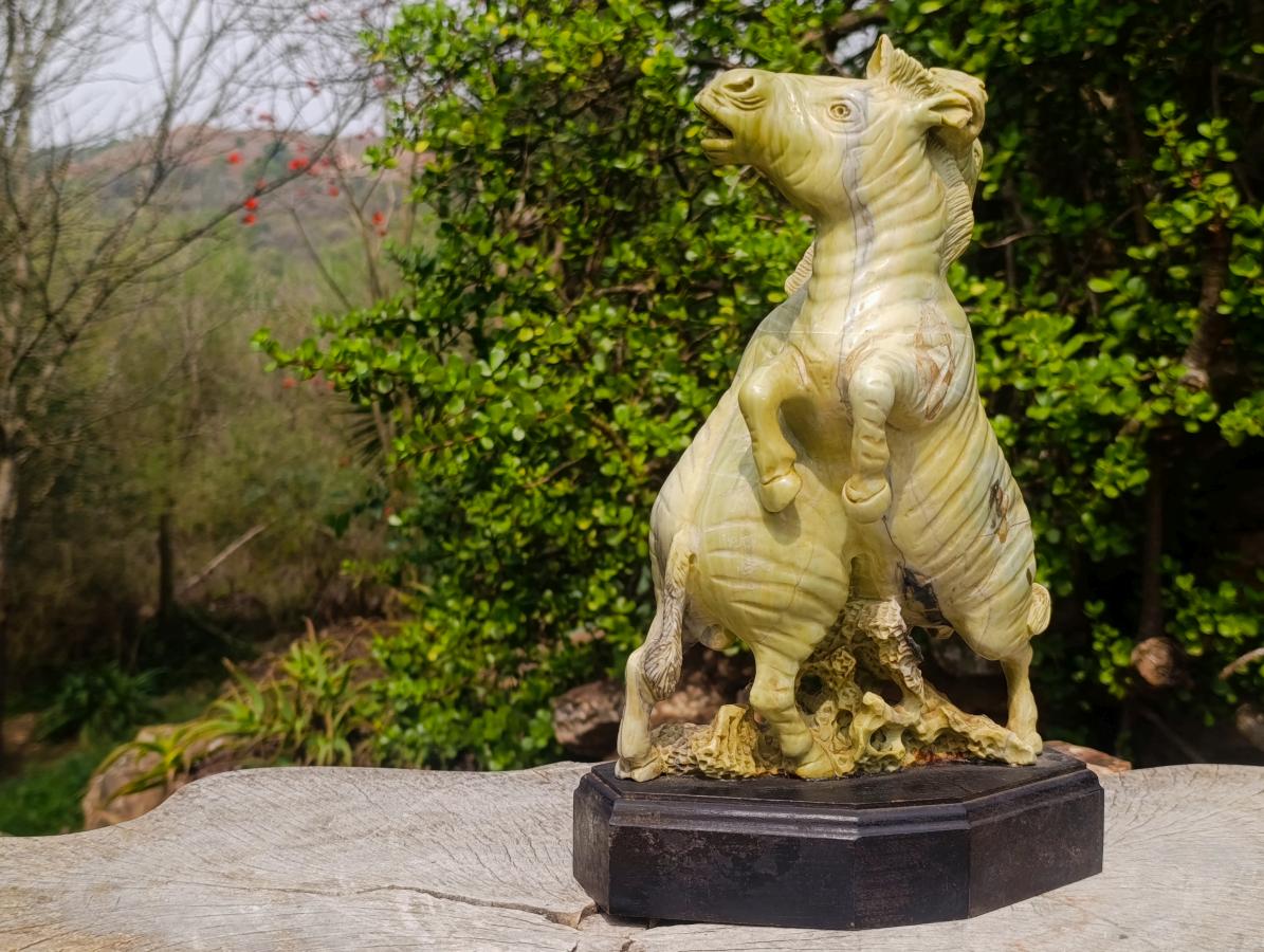 Carved African Butter Jade Twin Fighting Zebra Sculpture x 1 From Bronkhorstspruit, South Africa