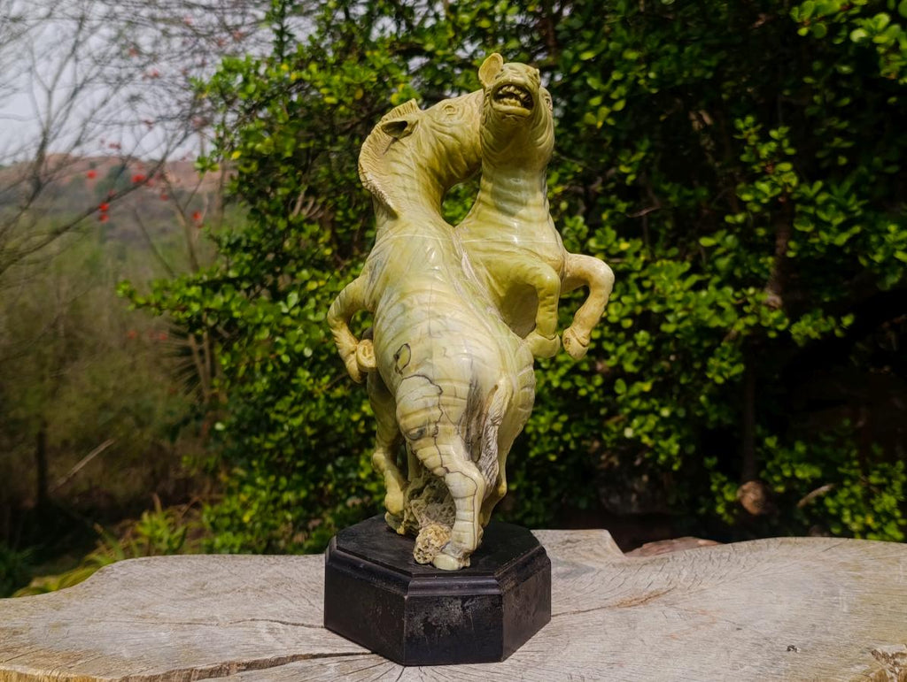 Carved African Butter Jade Twin Fighting Zebra Sculpture x 1 From Bronkhorstspruit, South Africa