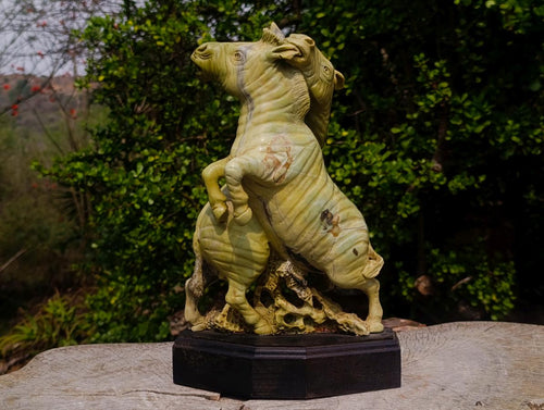 Carved African Butter Jade Twin Fighting Zebra Sculpture x 1 From Bronkhorstspruit, South Africa