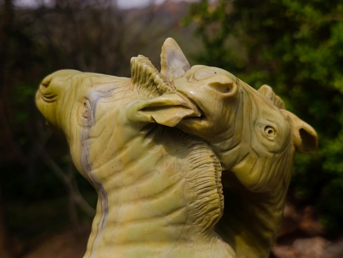 Carved African Butter Jade Twin Fighting Zebra Sculpture x 1 From Bronkhorstspruit, South Africa