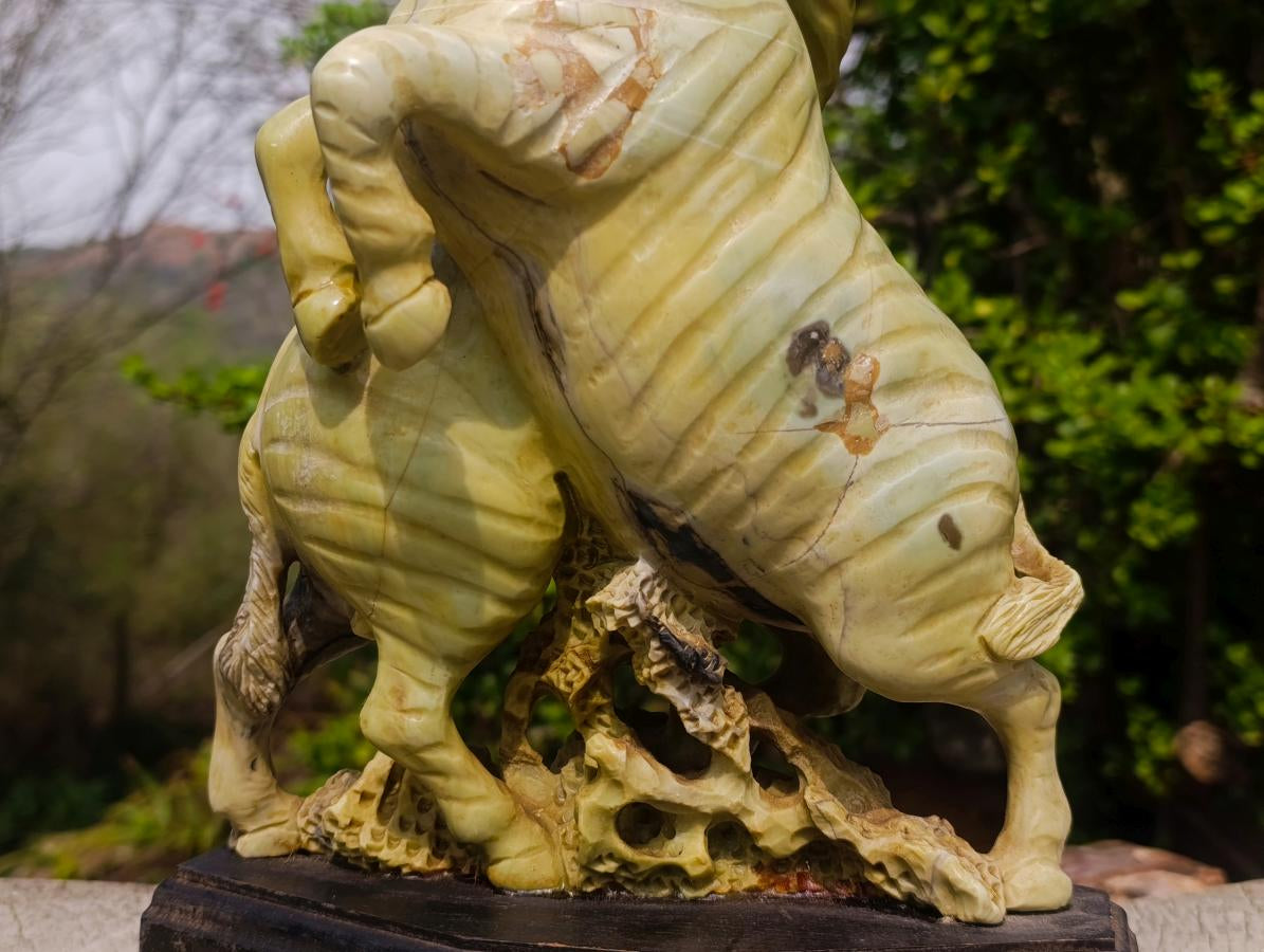 Carved African Butter Jade Twin Fighting Zebra Sculpture x 1 From Bronkhorstspruit, South Africa