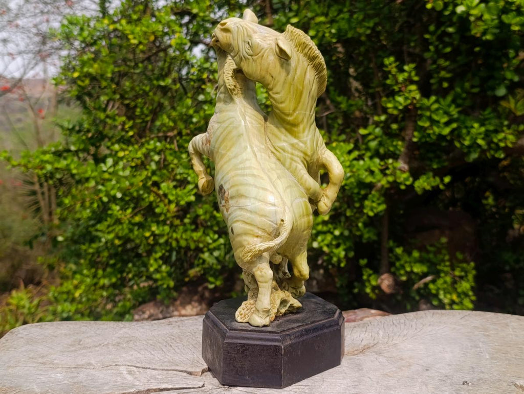 Carved African Butter Jade Twin Fighting Zebra Sculpture x 1 From Bronkhorstspruit, South Africa