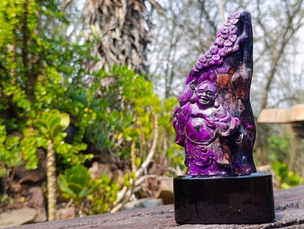 Hand Made Super Rare Sugilite Laughing Buddha (Maitreya) Under a Blossoming Tree x 1 From Wessels Mine, South Africa
