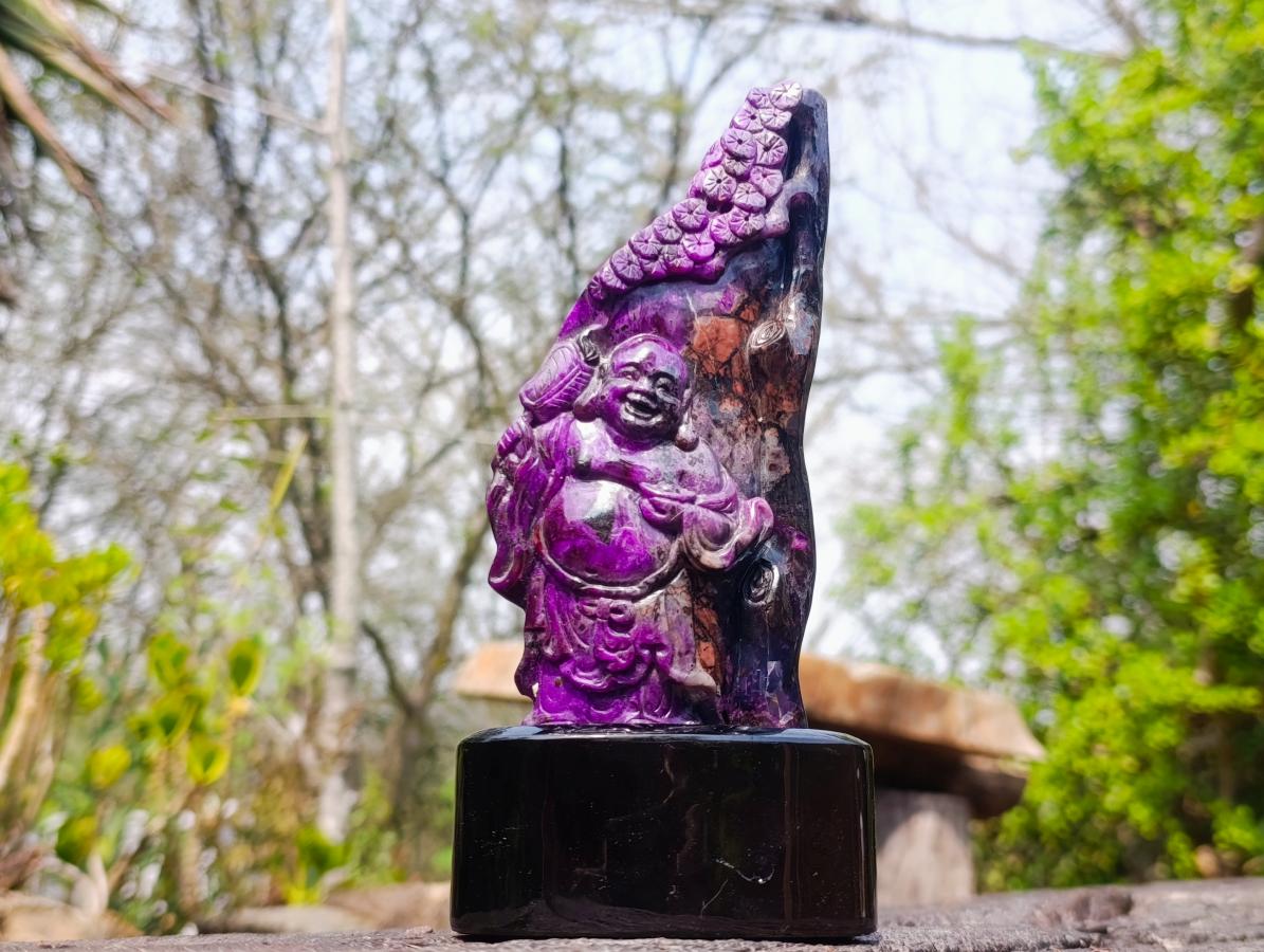 Hand Made Super Rare Sugilite Laughing Buddha (Maitreya) Under a Blossoming Tree x 1 From Wessels Mine, South Africa
